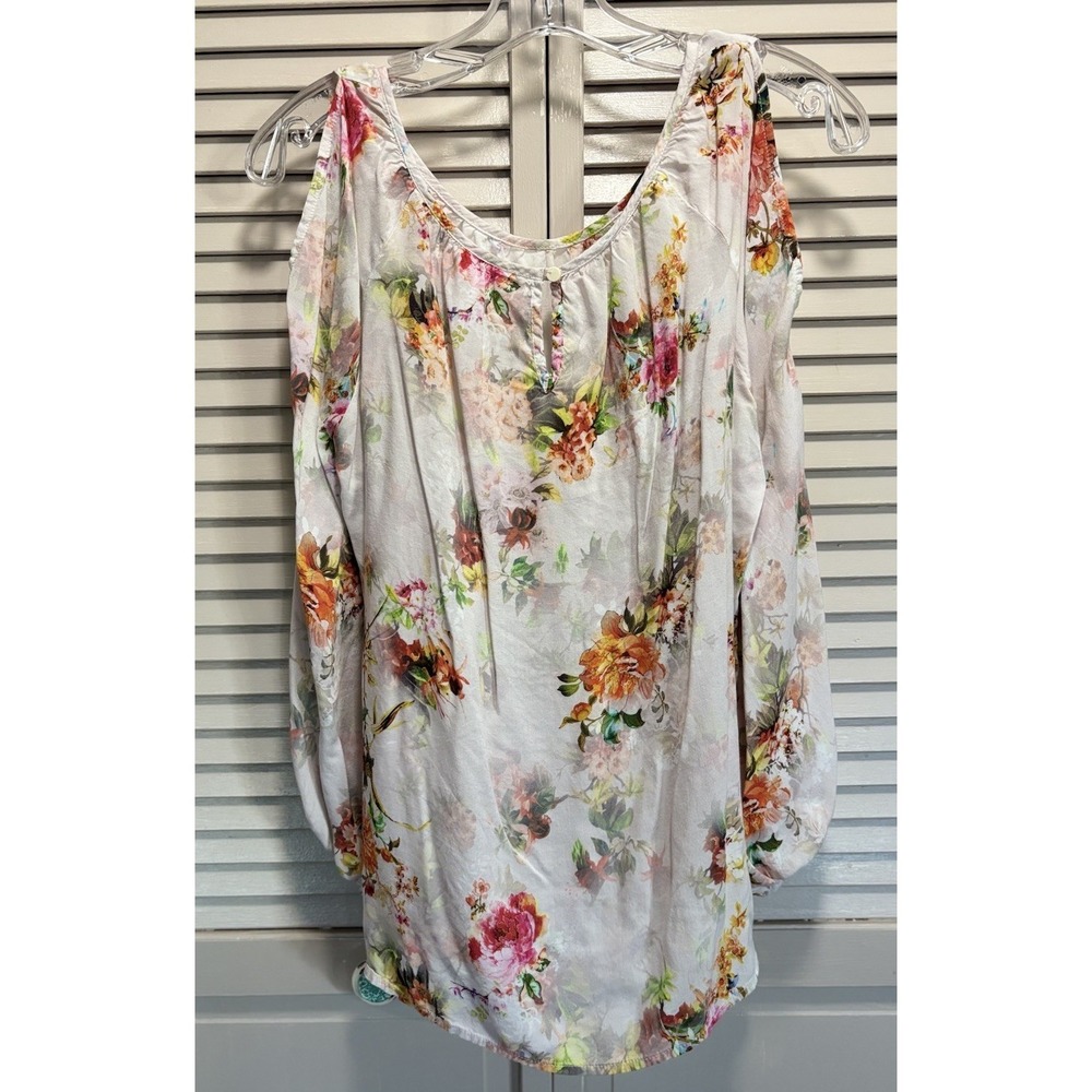 Velvet Floral Ivory/Pink Long Open Balloon Sleeve Blouse Size L Flowy Keyhole